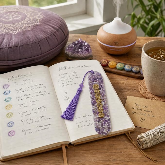 Fantasy Vintage Bookmark Gifts - Amethyst 7 Chakra Healing Crystals Resin Bookmarks for Women Men Book Lovers Beaded Tassels Page Marks Reading Accessories Bookish Birthday Graduation Gift