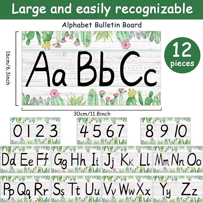 gisgfim 12 Pieces Alphabet Bulletin Board Strips Set Cactus Alphabet Line ABC Banner & Number Border Cacti Plants Posters for Classroom Preschool Kindergarten (Cactus)