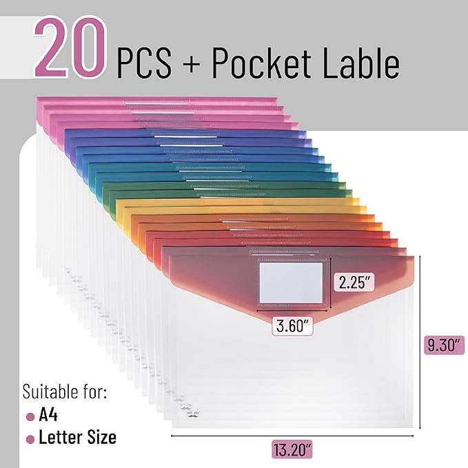 Mr. Pen- Clear Plastic Envelopes File Folders, 20 Pack, A4, Letter Size, Colorful Flaps, Clear Folders for Documents Plastic Poly Envelopes with Label for School, Home, Work, Office, Organizer
