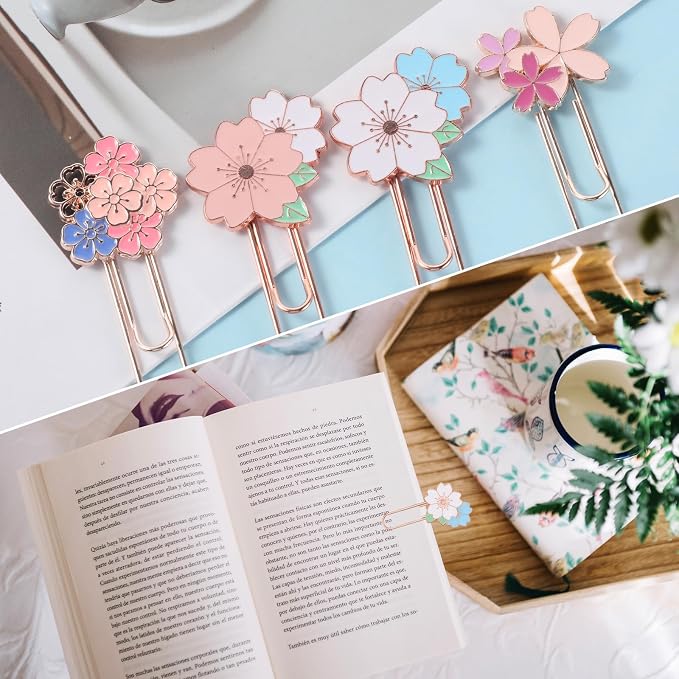 7 Pcs Cherry Blossoms Paperclip, Pretty Book Decorative Paper Clips Metal Paperclips for Bookmarks Fun Paper Clips Office Supplies Present for Bookmark Clamp Desk Stationery Accessories