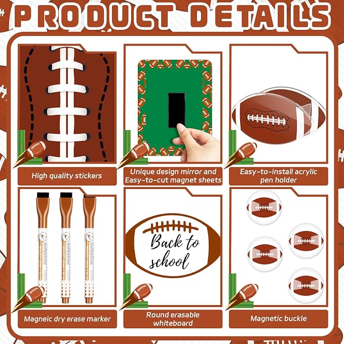Demonwer 11 Pcs Locker Accessories Kit Rugby Themed Magnetic Whiteboard Mirror Pen Holder Rugby Stickers for Back to School Essentials Locker Decorations