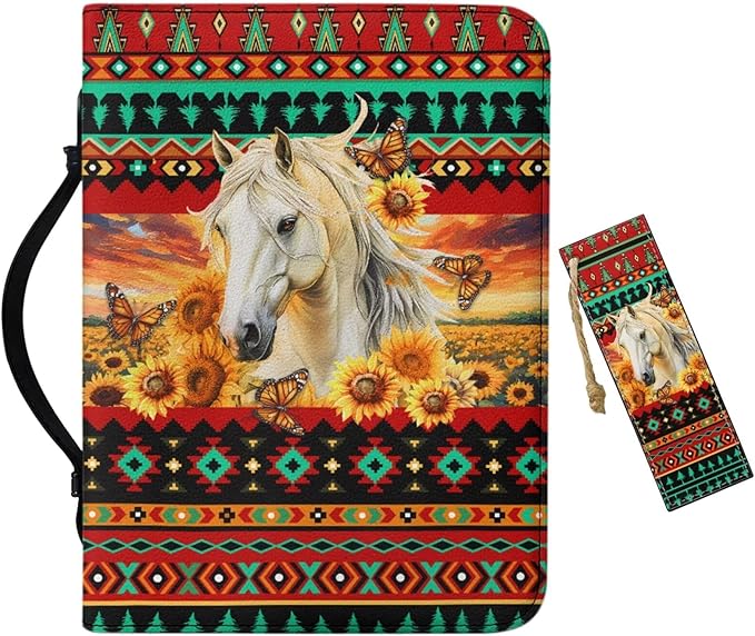 Leather Bible Covers for Women Small Bible Case Bible Bag Tote with Leather Bookmark,Aztec Boho Horse