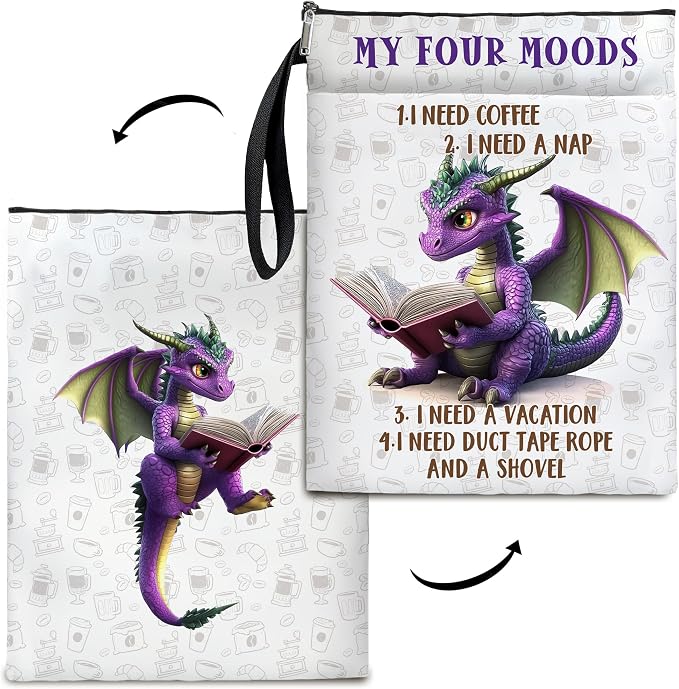 Purple Dragon Book Cover, Waterproof Book Sleeve with Zippered Front Pocket Retro Flowers Book Pouch for Book Lovers, Christmas, Birthday, Graduation Gifts (Purple Dragon, Large)