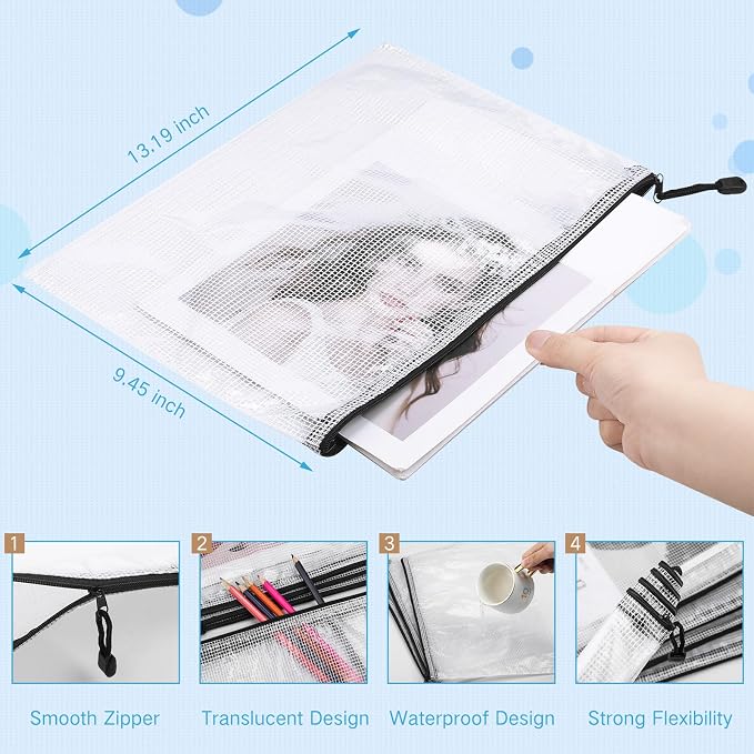 Zhehao 250 Pcs Mesh Zipper Pouch Bags Bulk A4 13.19 x 9.45 Inch Zipper Pouch Waterproof Clear Pencil File Storage Bags Organizer for Teacher School Organization Supplies(Black)