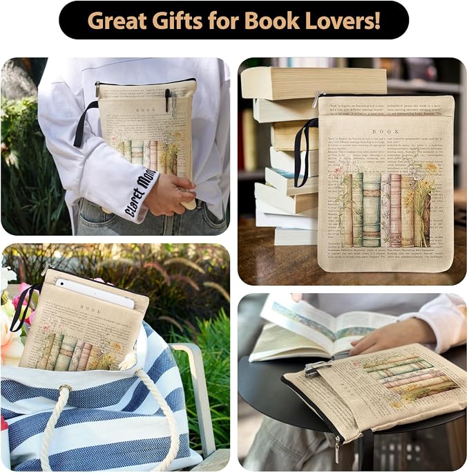 Vintage Book & Wildflower Book Sleeve Pouch, Book Lovers Gifts for Reader Bookworm Bookish, Reading Accessories for Student Teachers, Book Covers Protector for Paperbacks with Handle