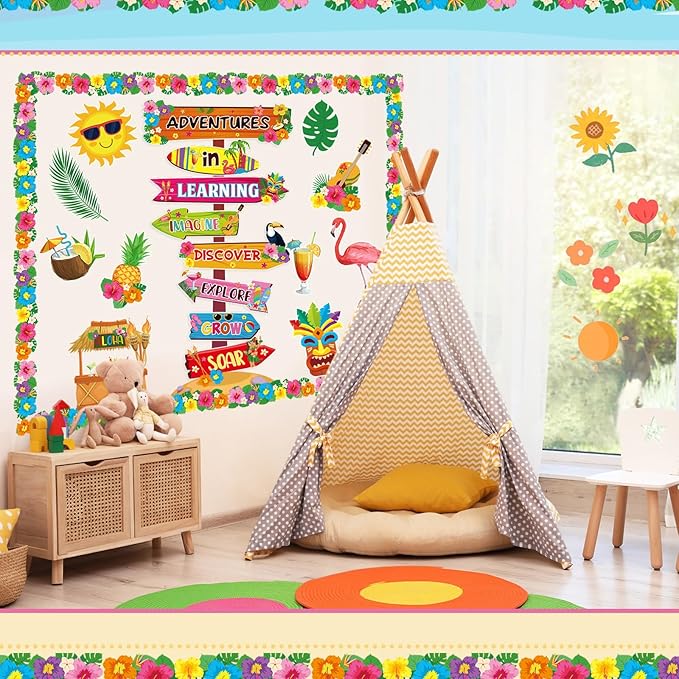 Epakh Summer Adventure in Learning Bulletin Board Sets Hawaiian Signpost Classroom Decorations Aloha Luau Tiki Paper Cutouts with Hawaii Flower Borders for Door Wall Back to School Office Supplies