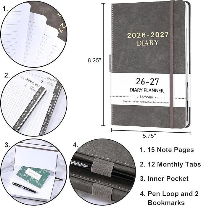Daily Planner 2026-2027 - Diary from July 2026-June 2027, Appointment Book 5.75" x 8-5", Daily Hourly Planner with Tabs, Inner Pocket, Pen Loop, Bookmarks