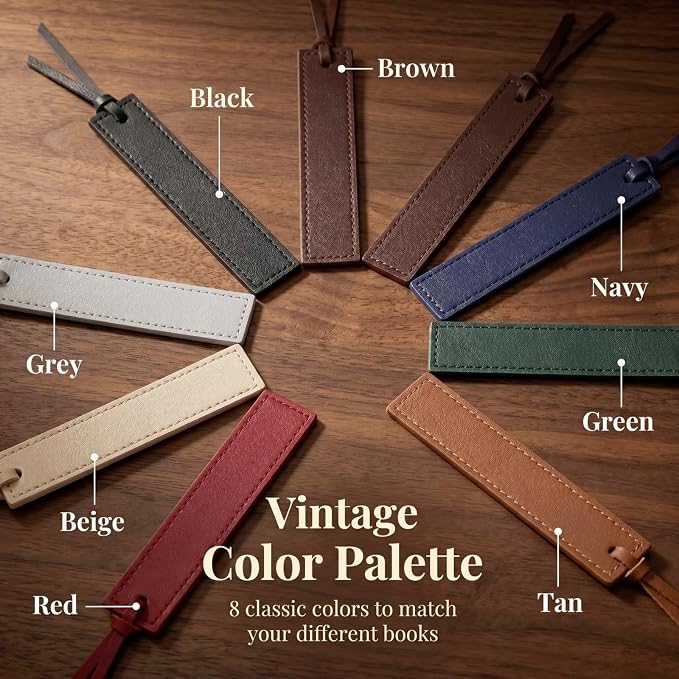8 Pcs Double-Sided Leather Bookmarks with Tassel, Handmade Stitched Book Marks for Reading, Thin Classic Page Markers, Gifts for Book Lovers, Teachers, Students, Men Women Readers