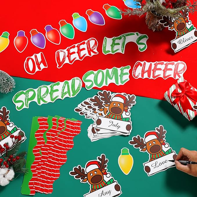 Fuutreo 68 Pcs Winter Elk Bulletin Board Set Winter Reindeer Classroom Decoration Winter Holiday Light Bulb Paper Cutouts Winter Elk Name Tags with Boarders for Wall Party School Decor Supplies