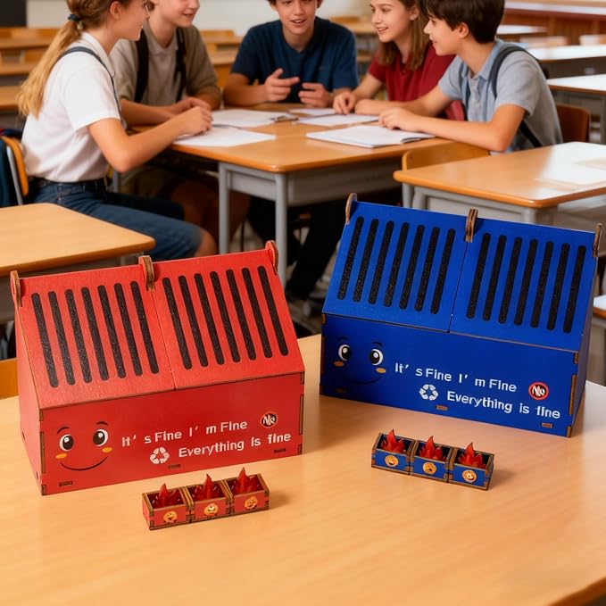 Dumpster Fire Pencil Holder with Wooden Flame Notes, Funny Desk Accessories Decor, Office Garbage Fire Coworker Gifts, Birthday, Friends, Relief Stress (2 Pack Red-Navyblue, Assemblable)