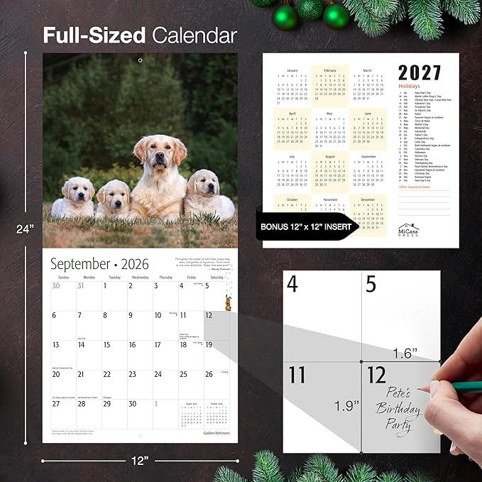 MICASA PRESS Golden Retrievers 2026 Wall Calendar 12 Month | 12" x 24" Open | Thick & Sturdy Paper | Giftable | Cute Puppy Dog Calendar 2026