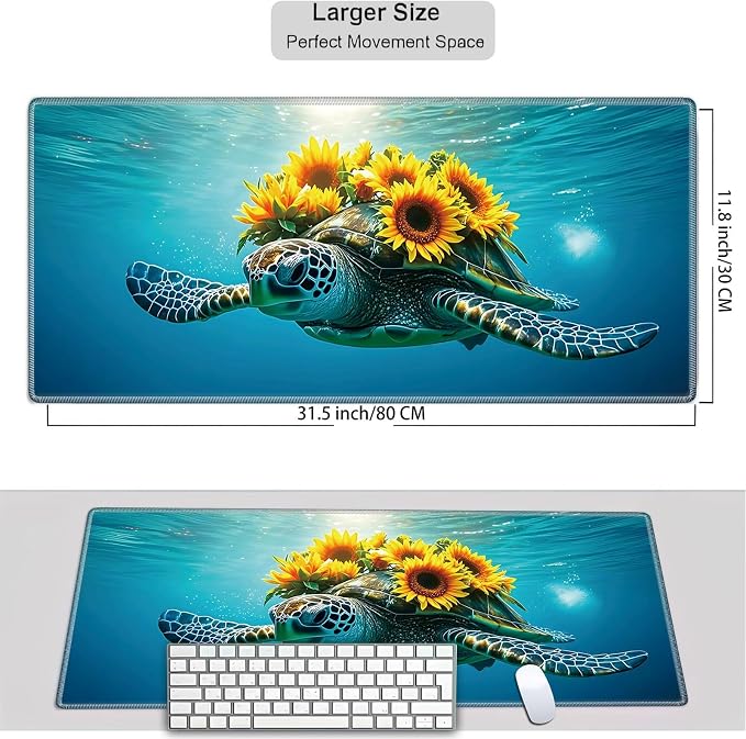 Mouse Pad Gaming Mousepad 31.5x11.8 Inch XXL Large + Coasters,Desk Mat with Stitched Edges, Non-Slip Rubber Base, Thick Mouse Pad for Computer, Laptop, Office & Home - Turtle Sunflower
