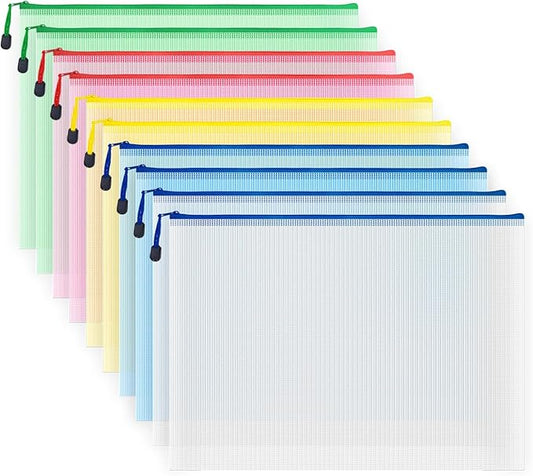 10 Pcs Zipper File Bags, Waterproof Plastic Mesh Pouch for Office School, Board Game Storage Bags (A3 Size 16.9''x12'', Multicolored)