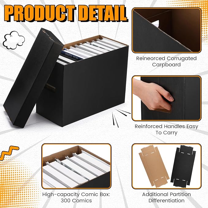 Fuyoooo 15 Pack Comic Book Storage Boxes, Holds 150-175 Comics, 15.4 x 7.5 x 11.4 Inch Stackable Comic Short Bin Organizer Cardboard Box for Collapsible Magazine Book Collecting Supplies(Black)