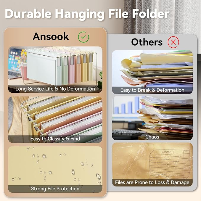 Ansook Plastic Hanging File Folders Legal Size,12 Pack Legal Size File Folders Hanging, Heavy Duty 1 Inch Expansion, Expandable Legal Hanging Folders for Filing Cabinet, 1/5-Cut Tabs - Assorted Colors