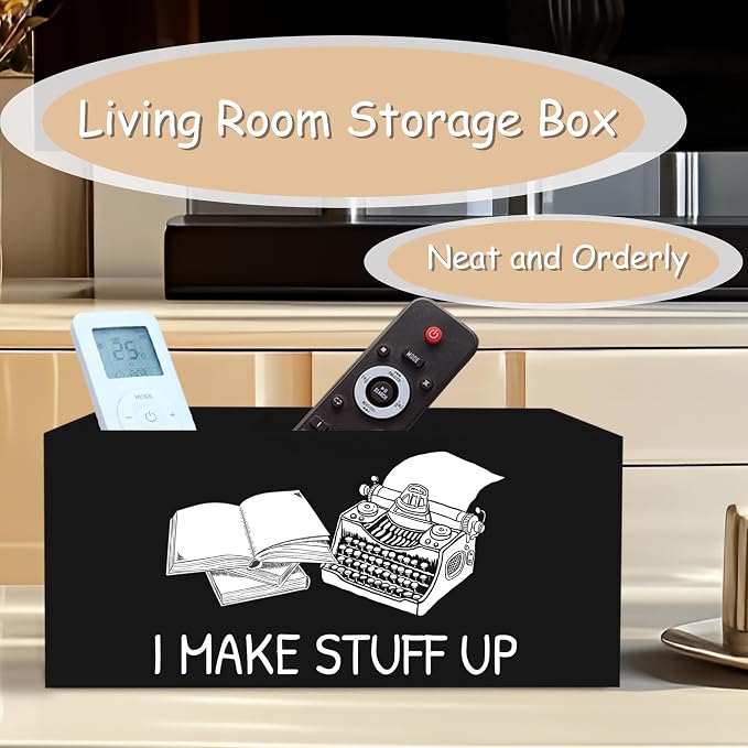Funny Writer Pen Pencil Holder Organizer for Desk, Gifts for Writers and Authors, I Make Stuff Up Wooden Box Block Sign for Home Office Tabletop Decor