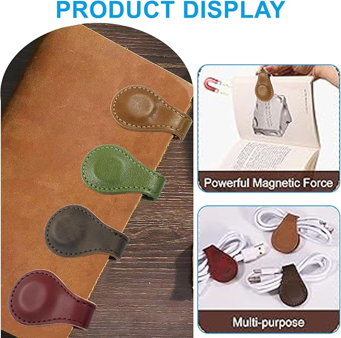 Jiozermi 4 Pcs Magnetic Bookmarks, Double-Sided Magnetic Bookmark Clips Leather Magnetic Bookmarks for Women Book Lover Readers Kids Teacher Student(Dark Colour)