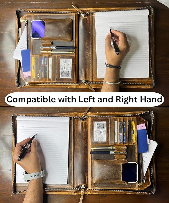 Leather Portfolio for Men - Full Grain Leather Padfolio Folder - Zipper Folio Documents Organizer - Professional Business Executive Gift for Men Women