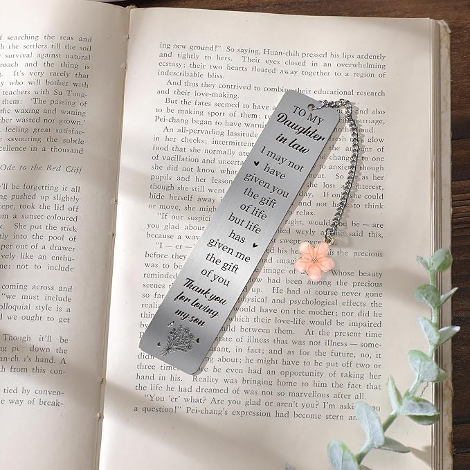 Daughter in Law Gifts - Future Daughter-in-Law Gift from Mother Metal Bookmarks for Birthday Wedding Anniversary Bridal Shower Book Marks with Flower Pendant for Women Book Lover Christmas
