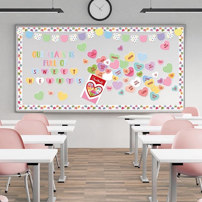 130Pcs Valentine’s Day Conversation Heart Bulletin Board Classroom Decoration Set, Sweet Candy Heart Cutouts Banner Name Tags, School Classroom Chalkboard Wall Decor Valentines Party Supplies