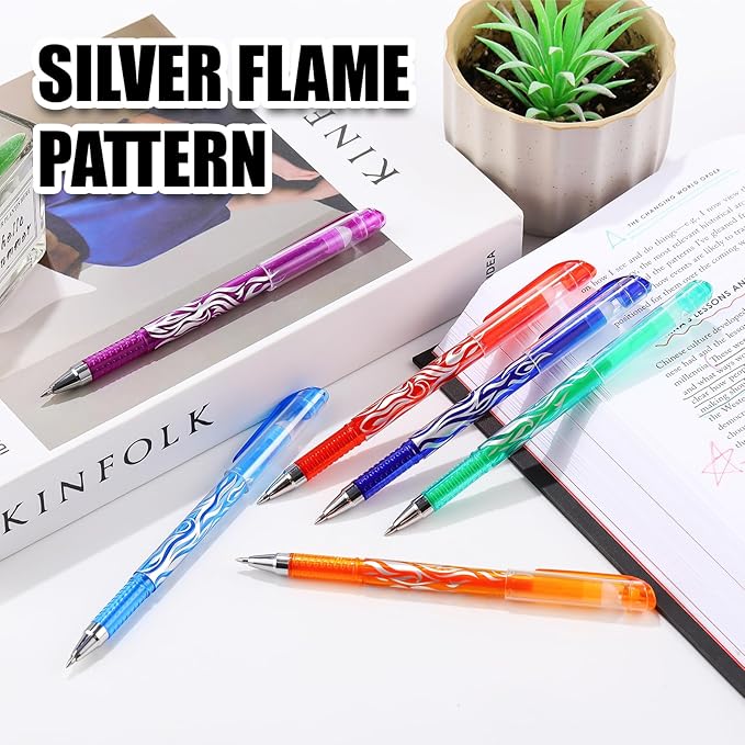 RIANCY 8 Pack Colored Erasable Gel Pens, 0.5mm Fine Point with Eraser, Flame Pattern Barrel, Erasable Pen Set for Journaling, Note Taking, Planner Writing, Drawing, School, Office, Home and DIY Crafts