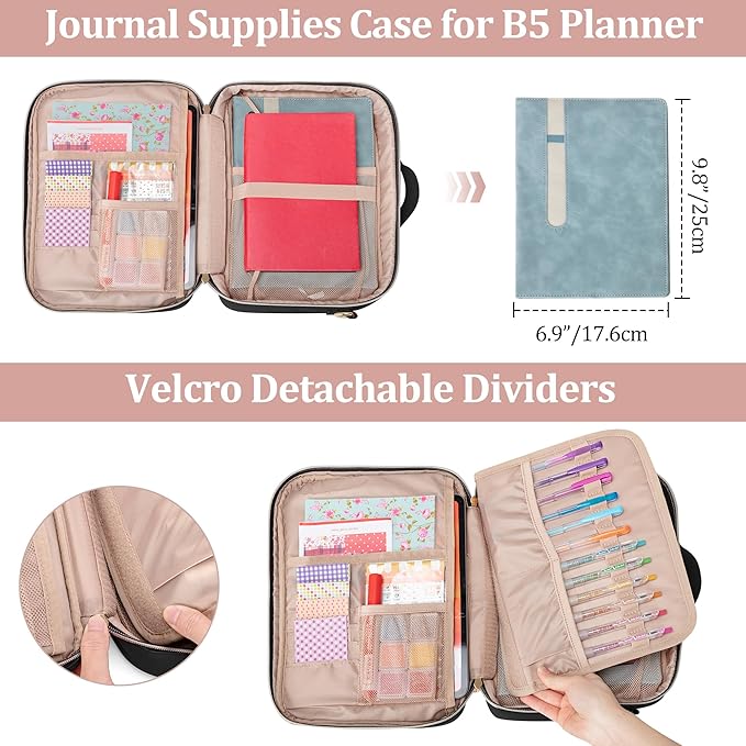 Teamoy Journal Supplies Storage Case, Journal Supplies Holder with Detachable Pen Slots, Travel Organizer Holder for B5 Notebooks, Planner, Pens, Journal Supplies and Accessories, Black Quilted