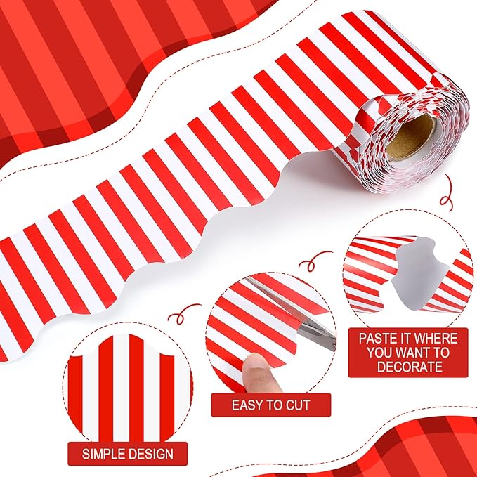 65 Feet Scalloped Bulletin Board Border for Classroom Self Stick Striped Popcorn Borders Wavy Line Border for Bulletin Cork Board Desk Classroom Party Supplies Decor(Red and White Stripes)