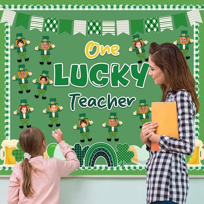 St. Patrick's Day Bulletin Board Classroom Decorations One Lucky Teacher Bulletin Board Set Gnome Shamrock DIY Photo Cutouts for School Nursery Class Door Wall Crafts Decor St. Patrick Party Supplies