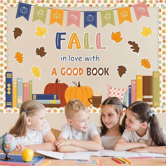 JarThenaAMCS Fall Thanksgiving Reading Bulletin Board Set Boho Autumn Library Book Classroom Decorations Pumpkin Maple Leaves Cutouts for School Chalkboard Wall Door Decor