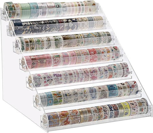 BTSKY 7 Tier Washi Tape Organizer - Clear Plastic Washi Tape Storage Rack, Assembly Washi Tape Storage Holder Washi Tape Dispenser Desk Accessories Display Caddy for Scrapbooking Art Craft Supplies