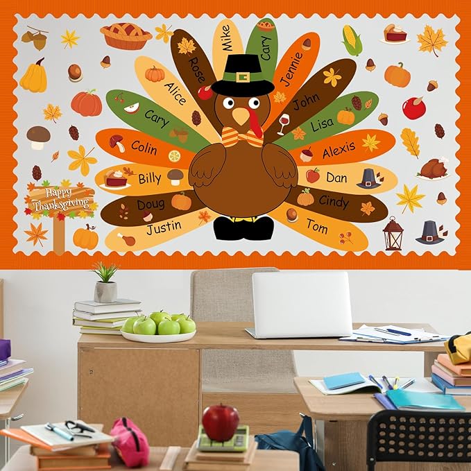Turkey Bulletin Board Set Thanksgiving Classroom Decorations DIY Turkey Craft Fall Colorful Cutouts Name Tags for Students Boys Girls kindergarten Office Back to School Wall Decors Autumn Party Supply