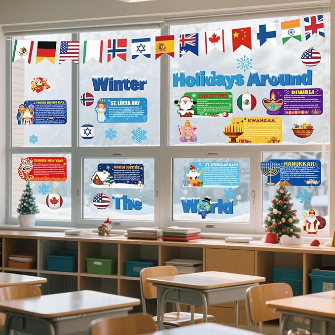 Funrous 71 Pcs Winter Bulletin Board Set Holidays Around the World Board with Christmas Chinese New Year Kwanzaa Diwali Hanukkah Winter Solstice Cutouts for Xmas Party School Classroom Home Wall Decor