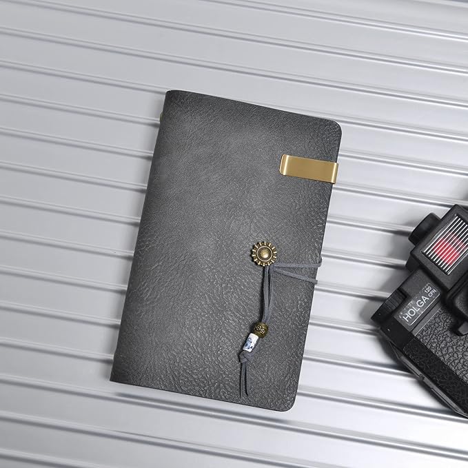 WONDERPOOL Leather Journal A6 Refillable 6 Ring Binder Notebook with Lined Paper and Pen,Writing Diary for Work Travel and Agenda Plan (A6, Grey)