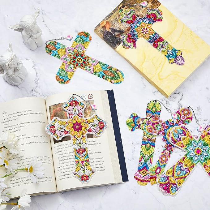 Tenceur 12 Pcs Cross Diamond Art Kit for DIY Religious Crystal 5D Diamond Painting Bookmarks Rhinestone Kits for Reading Lover Home Office Project Read DIY Crafts Gifts
