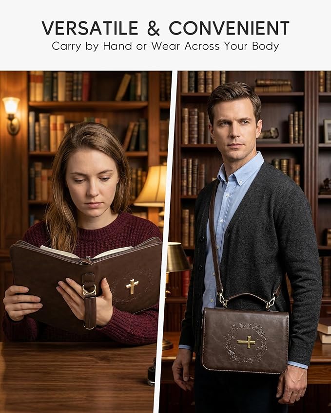 Large Bible Cover Case with Shoulder Strap Plush Velvet Lining Vegan Leather Bible Bag with Handle for Men Women Christian Gift Brown