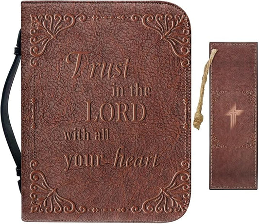 Retry Style Cross Bible Case with Bookmark Waterproof Bible Cover Case for Women Lightweight Bible Bag with Handle Pockets Church Book Bag Brown