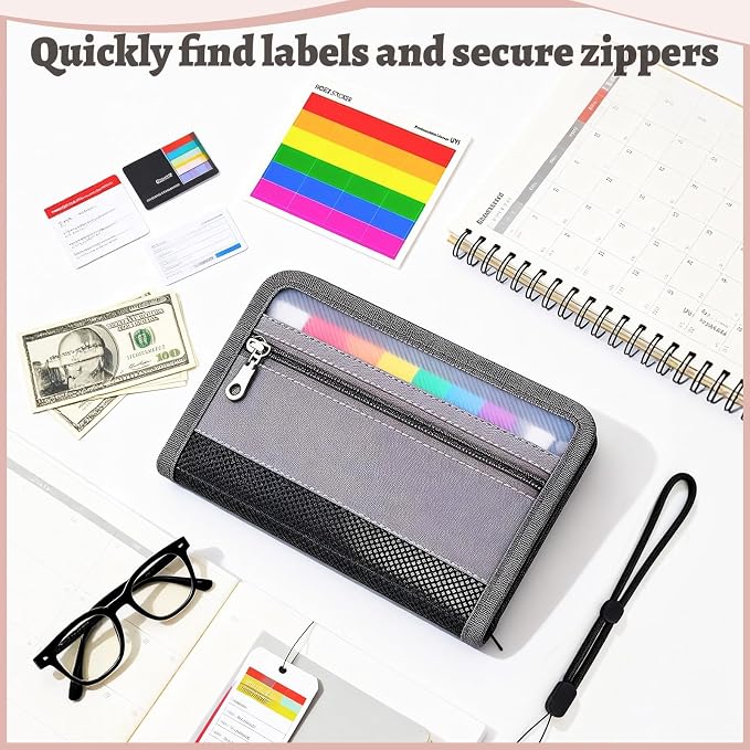 2pcs Portable Receipt Organizer & Coupon Holder, 12 Pockets Accordion Expanding File with Adjustable Wrist Strap, Zipper Closure Budget Organizer for Bills & Expense Tracking