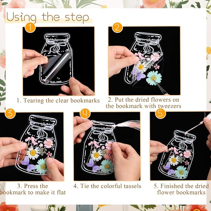 TaoBary 152 Pcs DIY Transparent Dried Flower Bookmark Set Handmade DIY Bookmarks with Dried Pressed Flowers Leaves Butterfly Stickers Colorful Tassels and Tweezers for Reader Writer(Macaron Color)