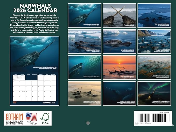 Narwhal Calendar 2026 Monthly Wall Calender 12 Month | American Made In The USA