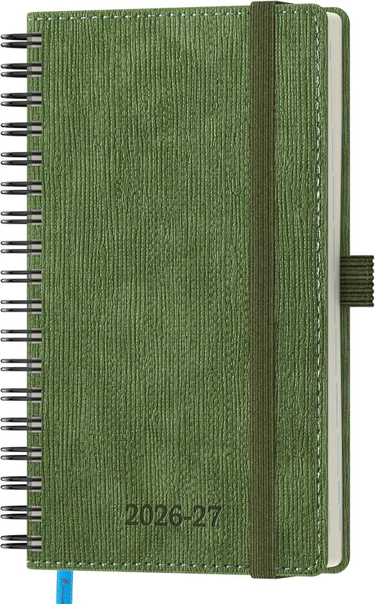 2026-2027 Planner, Daily Weekly Monthly Academic Planner, 18 Months Spiral Bound Agenda, 6.5" x 3.75", Vertical Layout, Calendar Planner, Vegan Leather Soft Cover,Olive Green