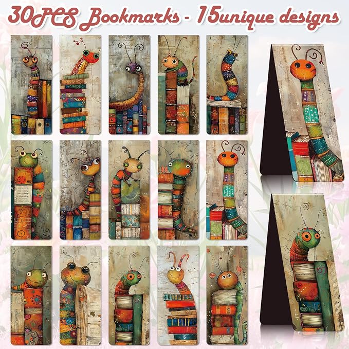Funny Bookworms Magnetic Bookmark Gift - Wxiben 30 Pcs Book Lover Bookmarks Magnets Bookish Book Marks Cute Insects Page Magnets Marker Clip Gift for Women Men Students Teacher Teens Reading
