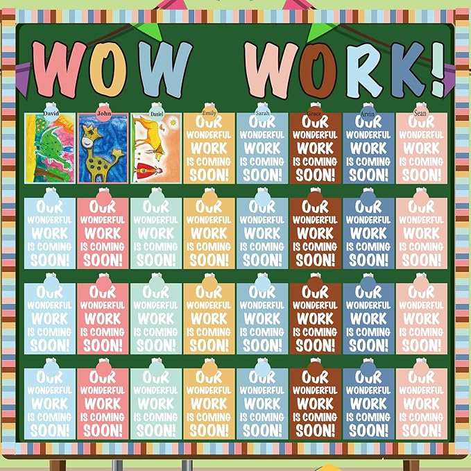 Mooliwe 139 Pcs Student Work Display Bulletin Board Decoration Set Colorful Wow Works Cutouts with Clips Names Display Classroom Wall Decor for Teachers Back to School Supplies(Morandi,Elegant)