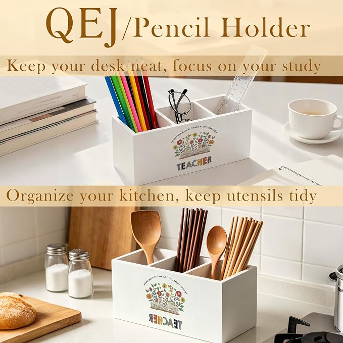 Boho Floral Teacher Pen Holder for Desk, Teacher Appreciation Gifts, Back to School Gifts for Teachers Wooden Box Pencil Pen Organizer for Home Office Desk Tabletop