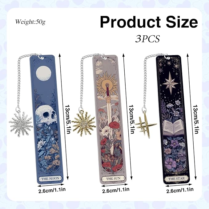 Gothic Tarot Bookmarks Gifts - 3PCS Funny Bookmarks for Women, Tarot Reading Accessories for Book Lovers, Horror Sun Moon Star Halloween Christmas Birthday Gifts for Friends Bookish