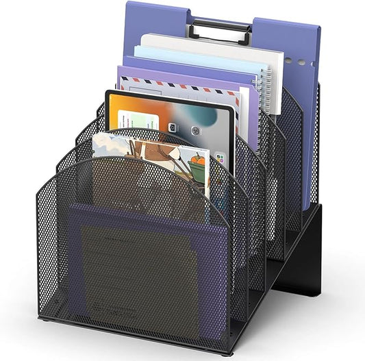 5-Section Desk File Organizer, Vertical File Organizer for Desk, Mesh Mail Holder for Letter Size Folders, Black