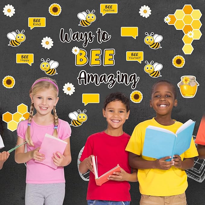 JarThenaAMCS 88Pcs Bee Bulletin Board Decorations Summer Bee Daisy Sunflower Cutouts Inspirational Quotes Name Tags for Back to School Classroom Chalkboard Wall Office Home Decor