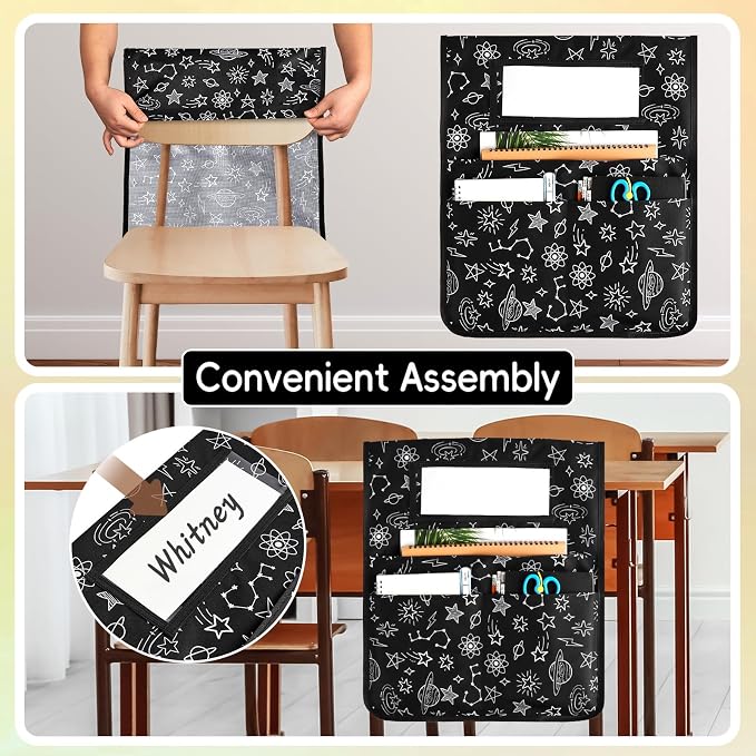 gisgfim 12 Pcs Cute Chair Pockets for Classroom 16.7 x 19.3 Inch Starry Sky Star Theme Cover with Name Tag Chairback Organizer Pouch for Elementary School Daycare Supply