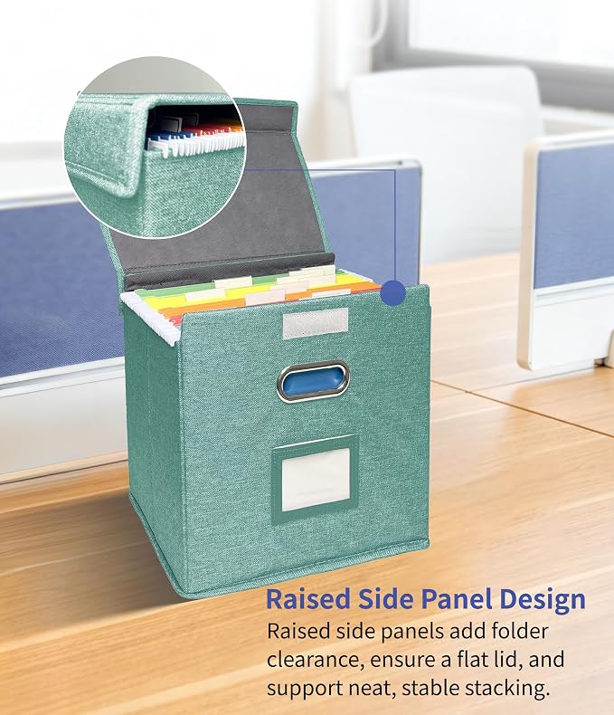 4 Pack Hanging File Folder Box with Lid, Durable Letter Size Filing Storage Box, Sturdy File Holder with Cardboard Support PVC Rails for Office Home Organizer, Green