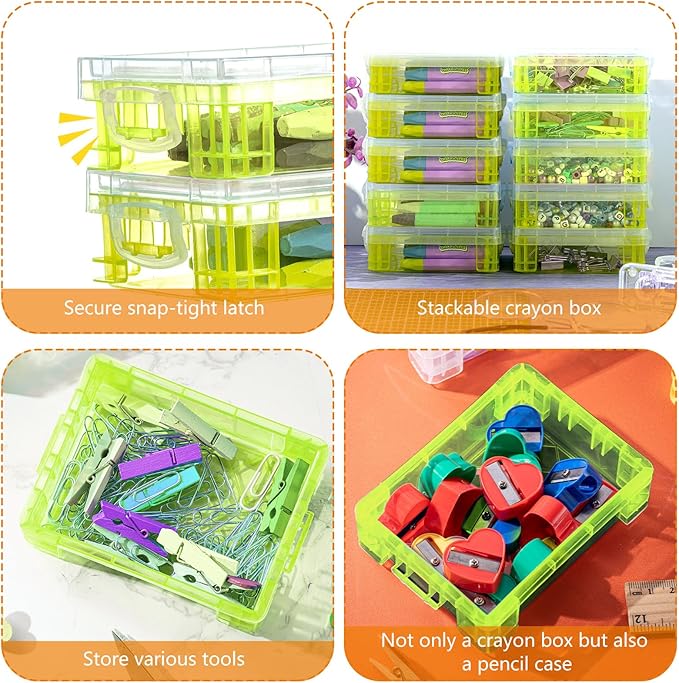 Suzile 25 Pcs Plastic Crayon Boxes with Snap Lids Crayon Storage Organizer Stackable Container Bulk Pencil Case for Pen Crafts Classroom Supplies(Green)