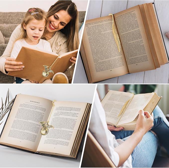 Jeffdad Feather Dragon Bookmark - Glow in The Dark Fantasy Bookmark Gifts for Women & Men (Gold Dragon)